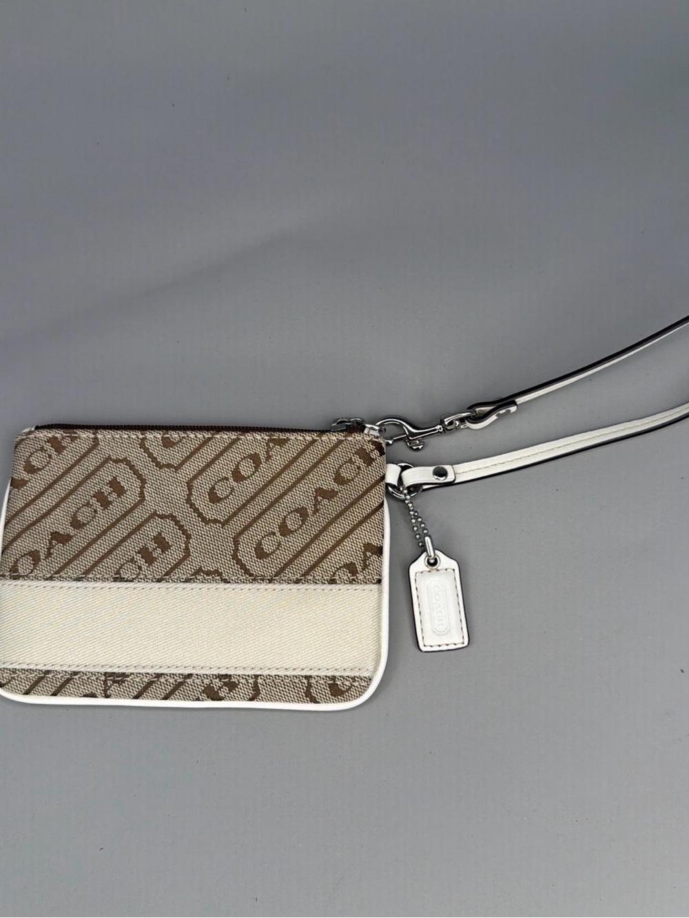 COACH Beige Signature Canvas and White Leather Wristlet